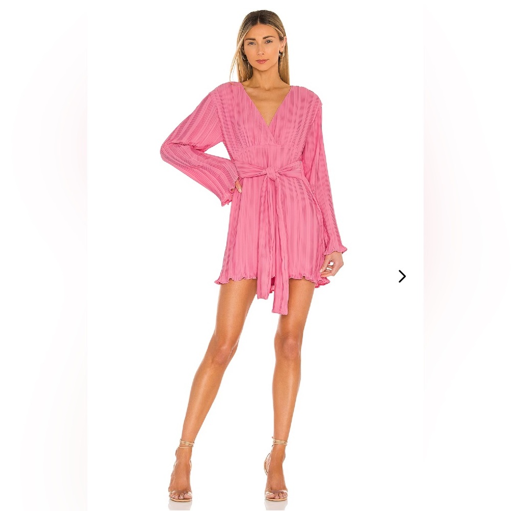 Lovers And Friends Bernice Pleated Long Sleeve Mini Dress V-Neck Tie Waist SMALL
